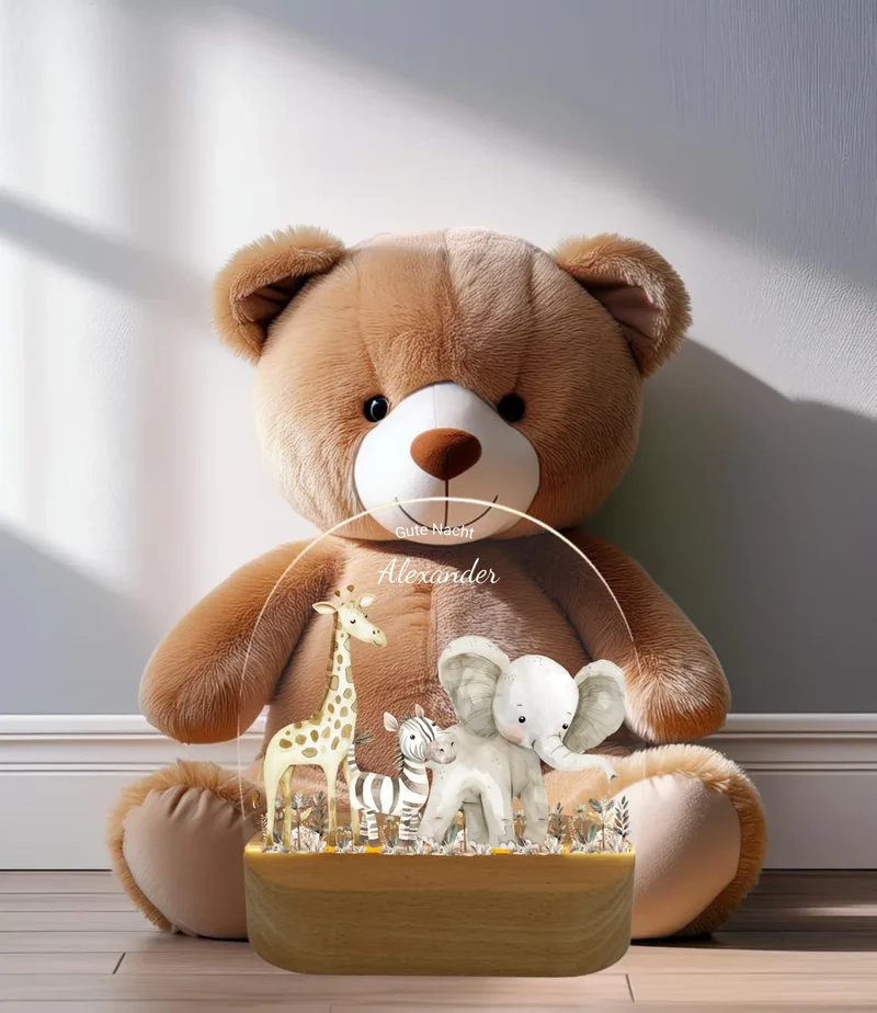 Personalisiertes "Gute Nacht" Baby & Kinder LED Nachtlicht Safari Tiere mit Namen / Text