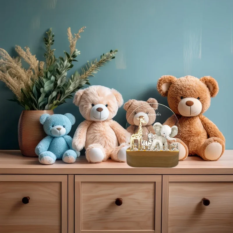 Personalisiertes "Gute Nacht" Baby & Kinder LED Nachtlicht Safari Tiere mit Namen / Text