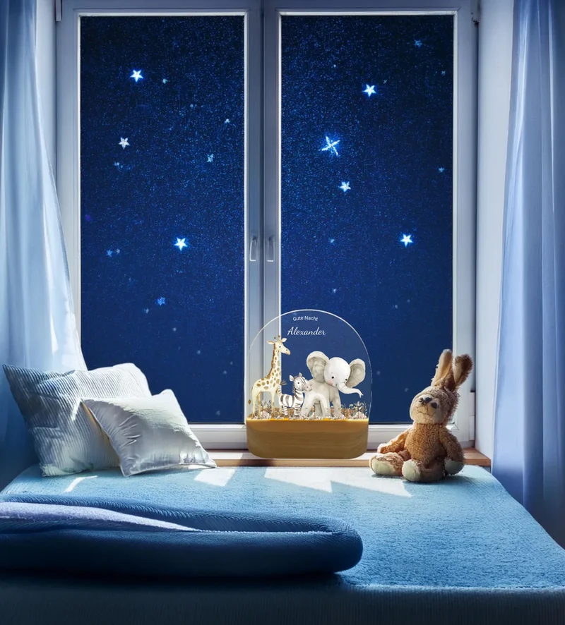 Personalisiertes "Gute Nacht" Baby & Kinder LED Nachtlicht Safari Tiere mit Namen / Text