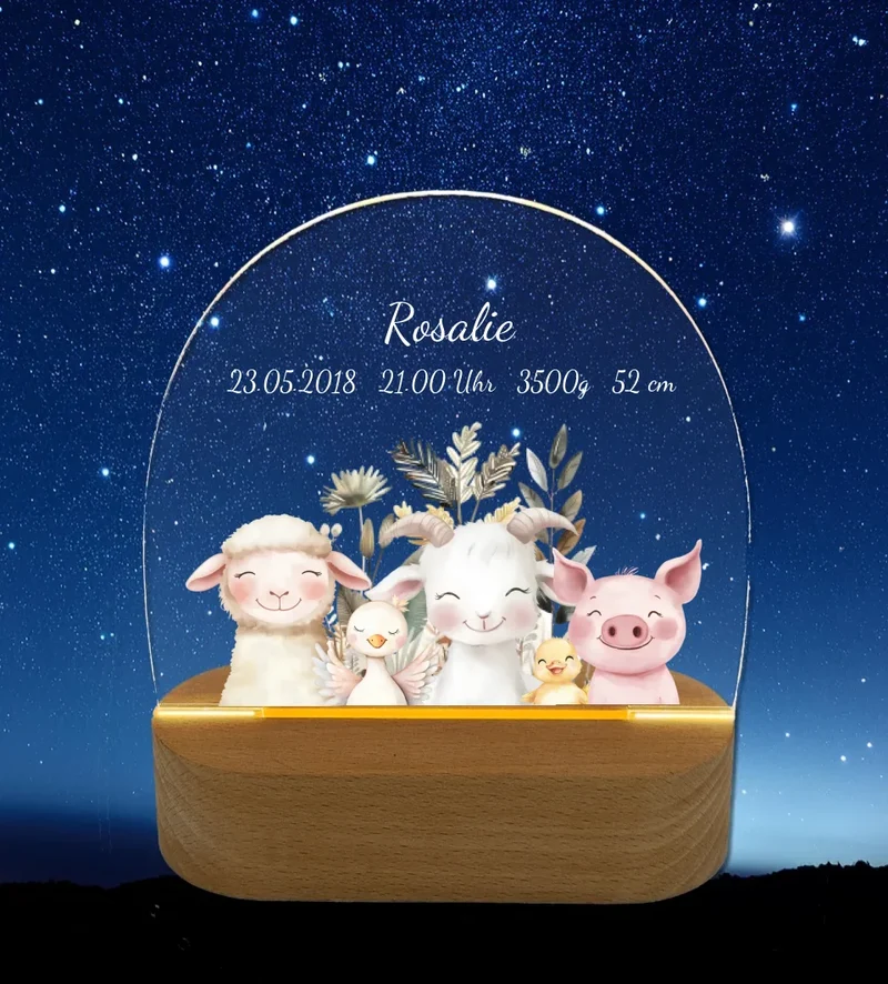 Personalisiertes Baby & Kinder LED Nachtlicht Bauernhof Tiere Geburtsdaten Geburtsgeschenk & Taufgeschenk