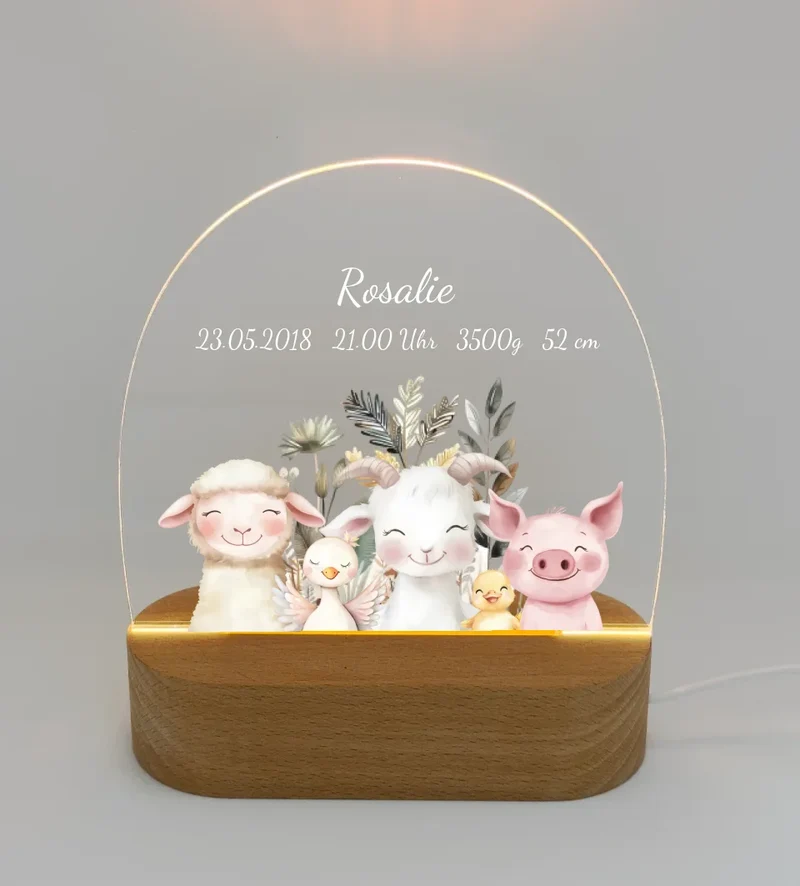 Personalisiertes Baby & Kinder LED Nachtlicht Bauernhof Tiere Geburtsdaten Geburtsgeschenk & Taufgeschenk