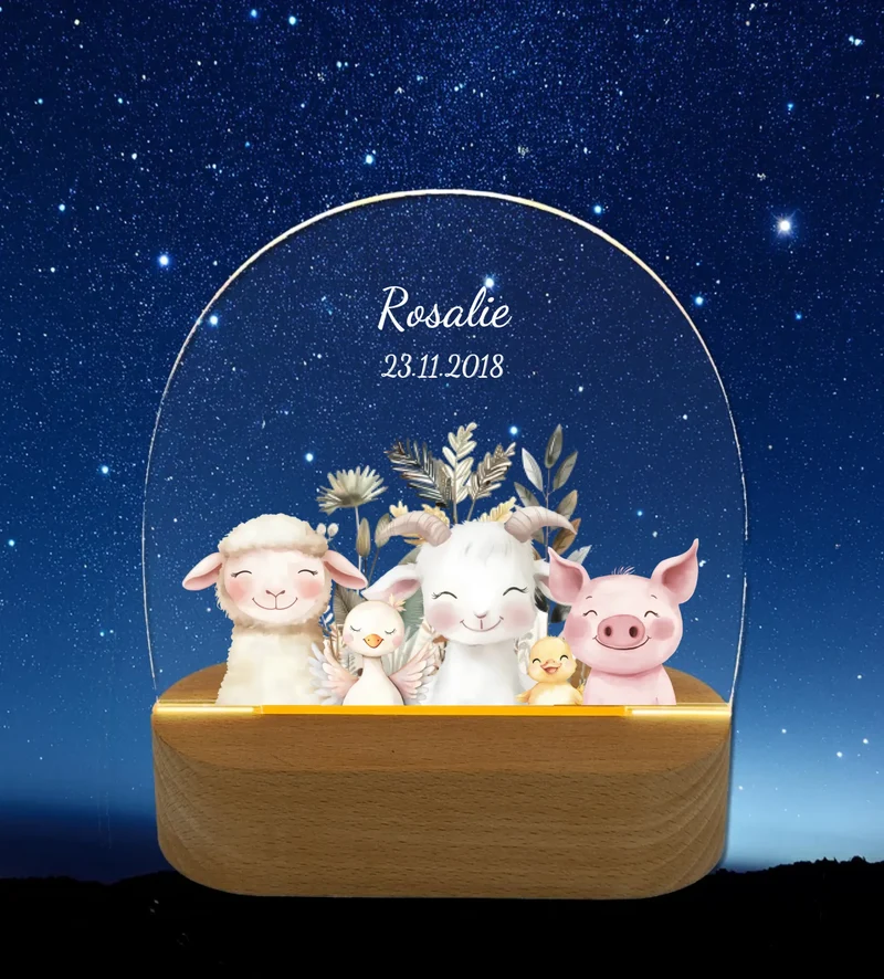 Personalisiertes Baby & Kinder LED Nachtlicht Bauernhof Tiere mit Namen / Text Geburtsgeschenk & Taufgeschenk