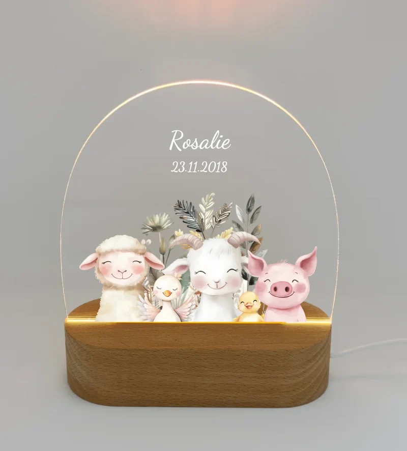 Personalisiertes Baby & Kinder LED Nachtlicht Bauernhof Tiere mit Namen / Text Geburtsgeschenk & Taufgeschenk