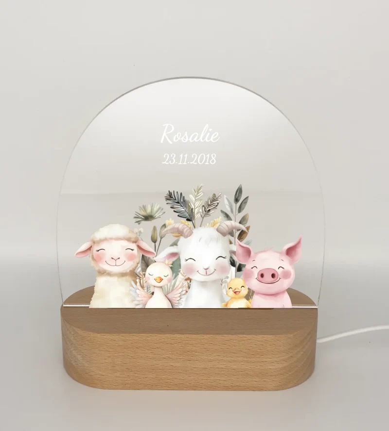 Personalisiertes Baby & Kinder LED Nachtlicht Bauernhof Tiere mit Namen / Text Geburtsgeschenk & Taufgeschenk
