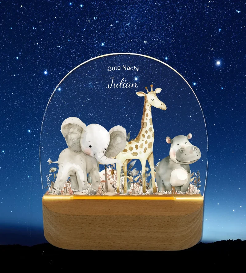 "Gute Nacht" Personalisiertes Baby & Kinder LED Nachtlicht Safari Tiere mit Namen / Text Geburtsgeschenk & Taufgeschenk