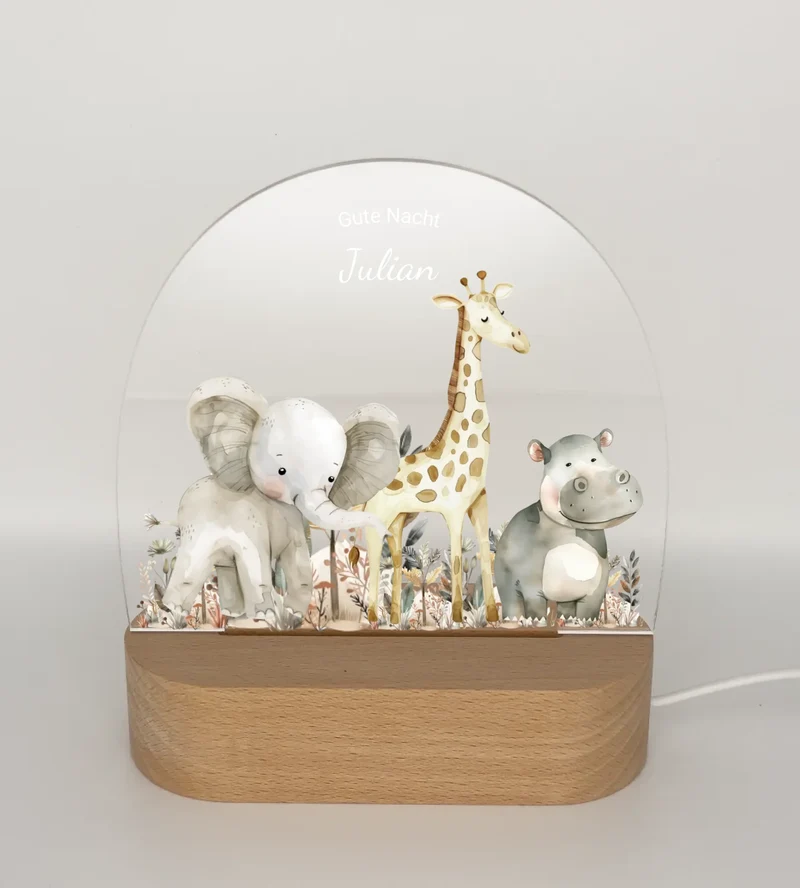 "Gute Nacht" Personalisiertes Baby & Kinder LED Nachtlicht Safari Tiere mit Namen / Text Geburtsgeschenk & Taufgeschenk