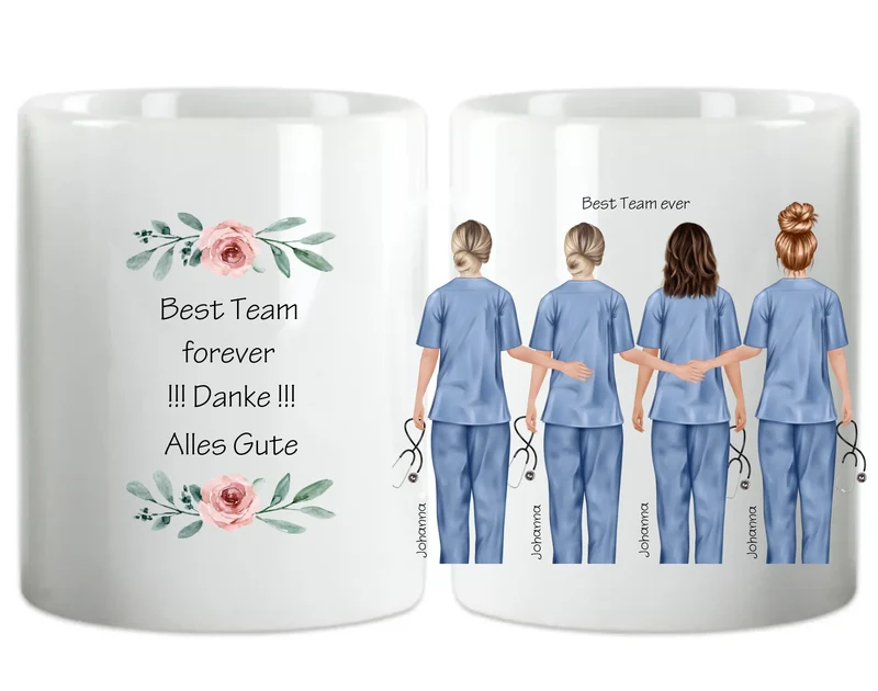 4 Beste Krankenschwester Team Tasse, Personalisierter Kaffeebecher, Danke Geschenkidee Kollegin, Tassendruck, Pflegerin, Ärztin