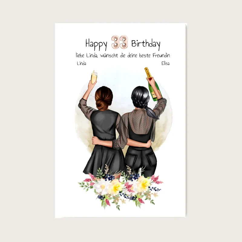 Geschenk für beste Freundin 21. Geburtstag – Personalisiertes Poster Bild mit 2 Freundinnen