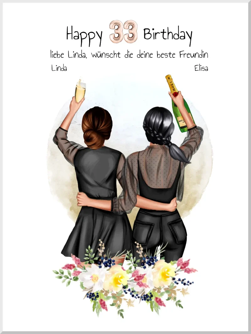 Geschenk für beste Freundin 21. Geburtstag – Personalisiertes Poster Bild mit 2 Freundinnen