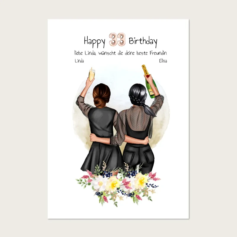 Geschenk für beste Freundin 21. Geburtstag – Personalisiertes Poster Bild mit 2 Freundinnen
