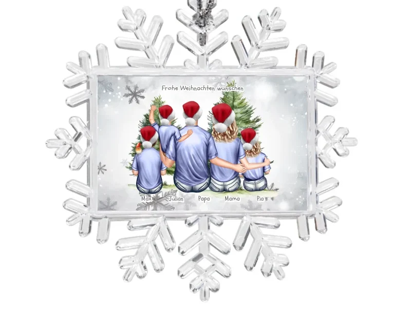 Weihnachtsbaum Ornament Schneeflocke Eltern mit 3 Kindern personalisiert. Baumschmuck, Baumanhänger. Geschenkanhänger