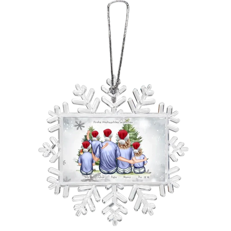 Weihnachtsbaum Ornament Schneeflocke Eltern mit 3 Kindern personalisiert. Baumschmuck, Baumanhänger. Geschenkanhänger