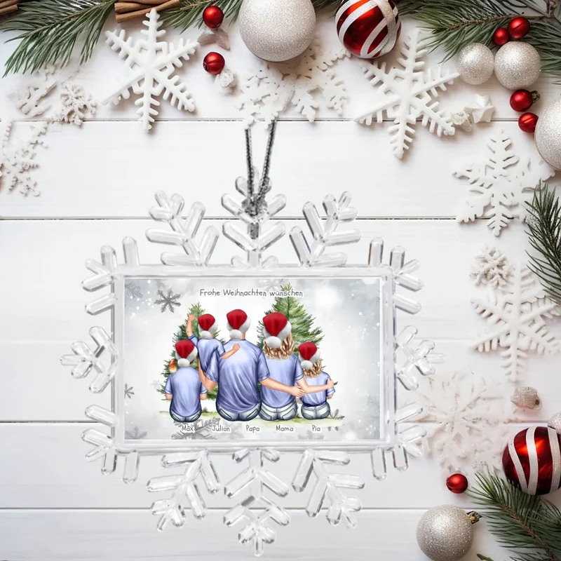 Weihnachtsbaum Ornament Schneeflocke Eltern mit 3 Kindern personalisiert. Baumschmuck, Baumanhänger. Geschenkanhänger