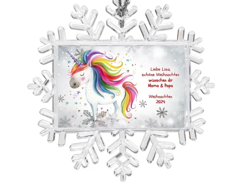Weihnachtsbaum Ornament Schneeflocke mit Einhorn & Wunschtext personalisiert. Baumschmuck, Baumanhänger. Geschenkanhänger