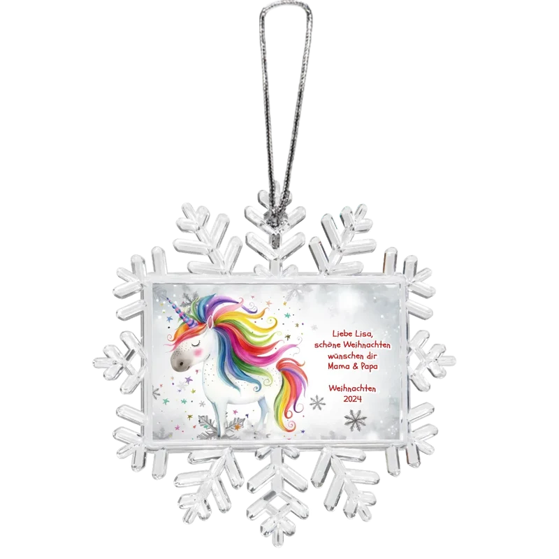 Weihnachtsbaum Ornament Schneeflocke mit Einhorn & Wunschtext personalisiert. Baumschmuck, Baumanhänger. Geschenkanhänger