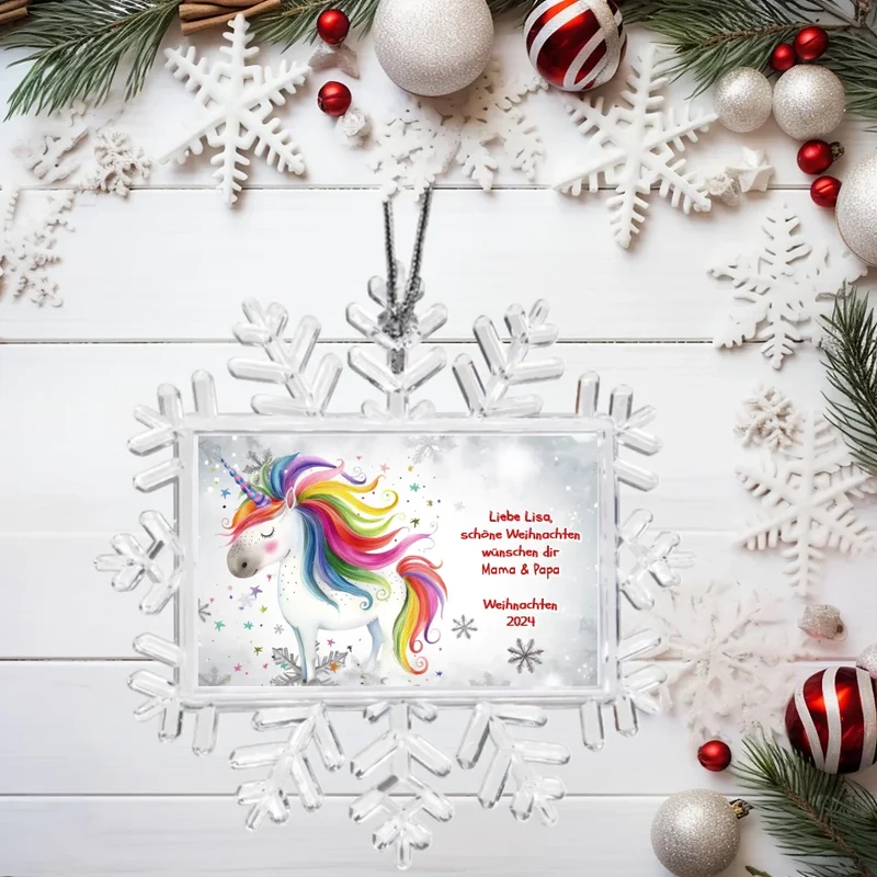 Weihnachtsbaum Ornament Schneeflocke mit Einhorn & Wunschtext personalisiert. Baumschmuck, Baumanhänger. Geschenkanhänger