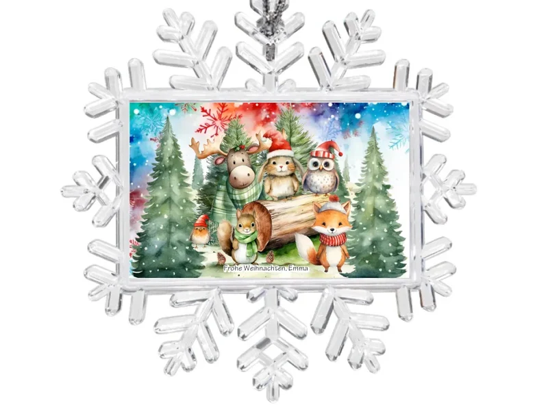 Weihnachtsbaum Ornament Schneeflocke mit Wunschtext personalisiert. Baumschmuck, Baumanhänger. Geschenkanhänger