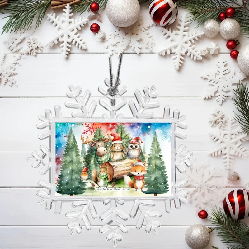 Weihnachtsbaum Ornament Schneeflocke mit Wunschtext personalisiert. Baumschmuck, Baumanhänger. Geschenkanhänger