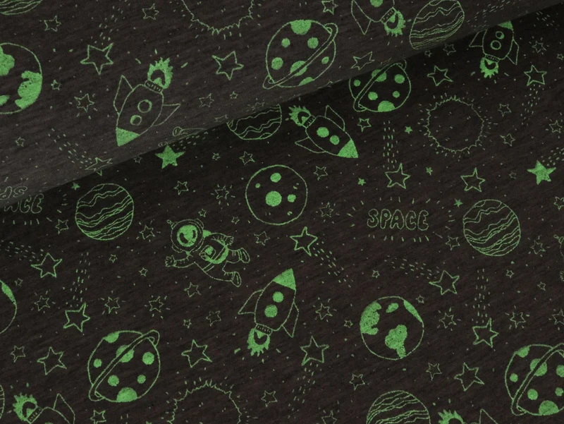 Reststück 35cm - Baumwolljersey Glow in the Dark Space hellgrau meliert