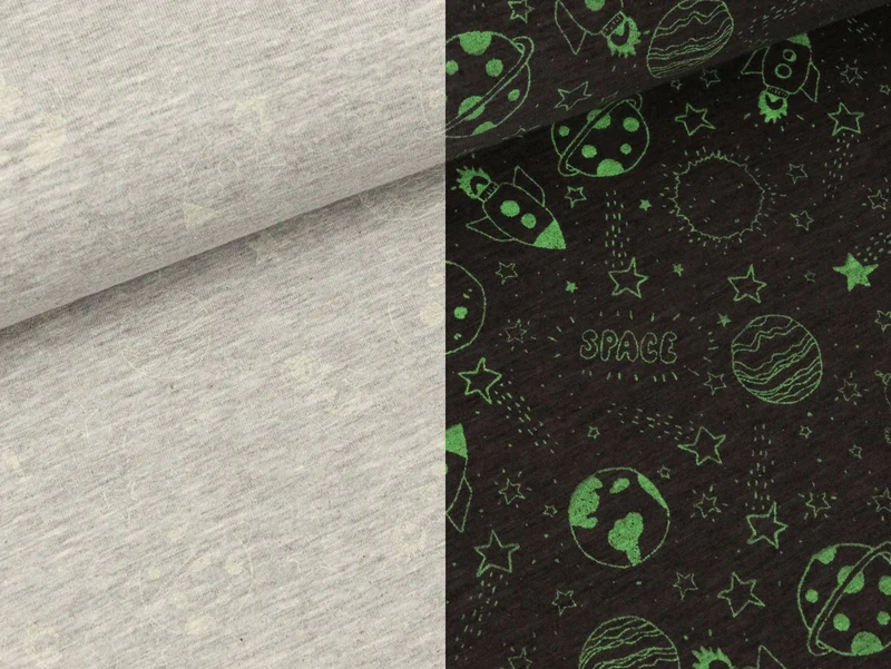 Reststück 35cm - Baumwolljersey Glow in the Dark Space hellgrau meliert
