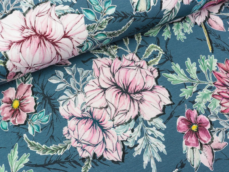 Reststück 33cm - Baumwolljersey My Watercolor Garden jeansblau by Lila-Lotta