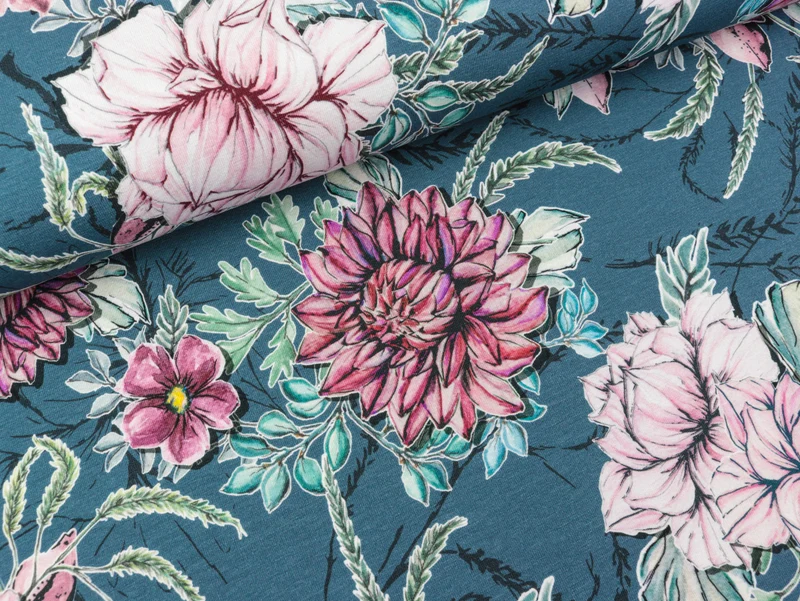 Reststück 33cm - Baumwolljersey My Watercolor Garden jeansblau by Lila-Lotta