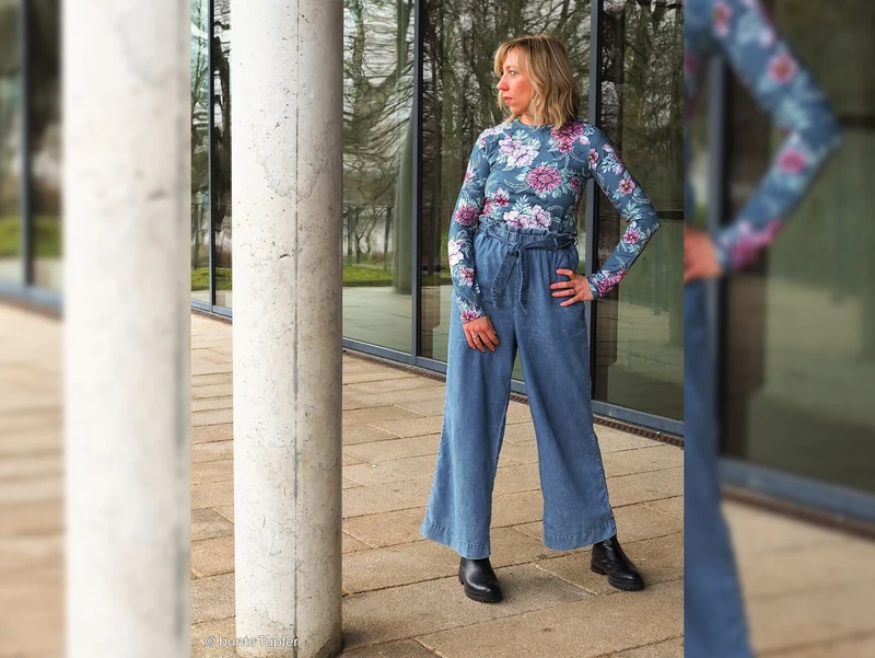 Reststück 33cm - Baumwolljersey My Watercolor Garden jeansblau by Lila-Lotta