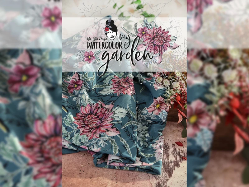 Reststück 33cm - Baumwolljersey My Watercolor Garden jeansblau by Lila-Lotta