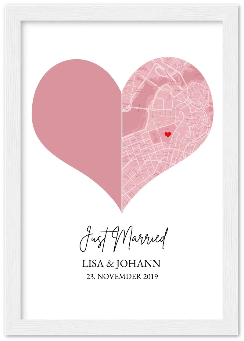 Just Married Hochzeitsposter Herz Geschenk personalisiert | Geschenk zur Hochzeit mit Foto | Fotoposer Stadtkarte Bild