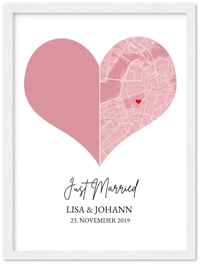 Just Married Hochzeitsposter Herz Geschenk personalisiert | Geschenk zur Hochzeit mit Foto | Fotoposer Stadtkarte Bild