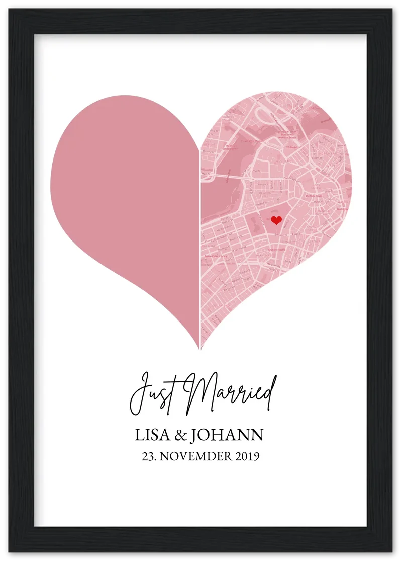 Just Married Hochzeitsposter Herz Geschenk personalisiert | Geschenk zur Hochzeit mit Foto | Fotoposer Stadtkarte Bild