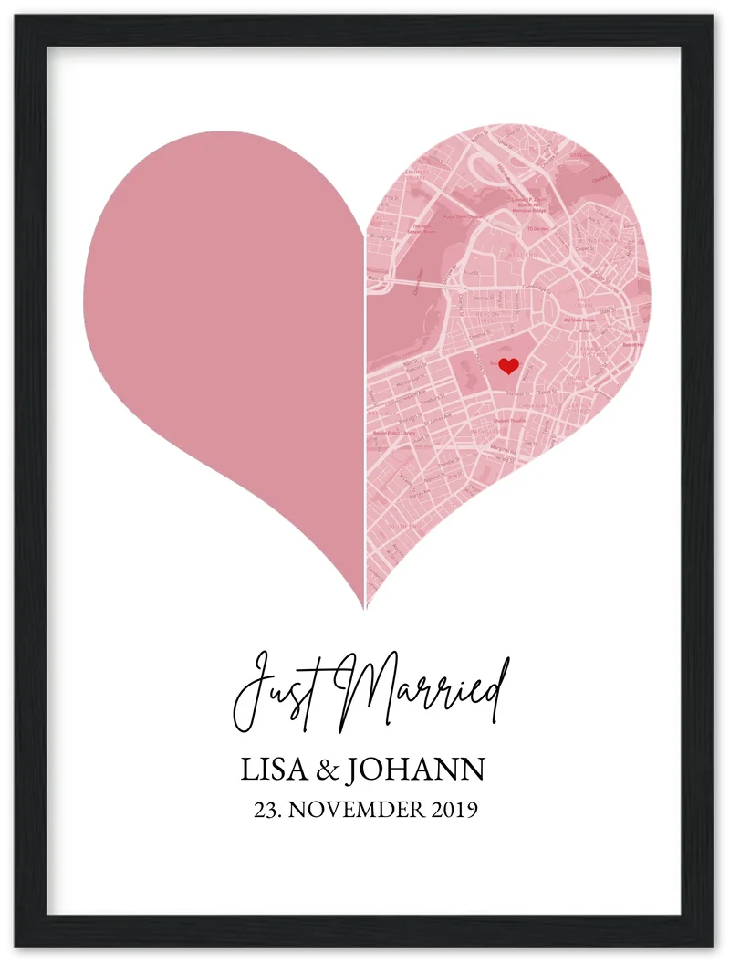 Just Married Hochzeitsposter Herz Geschenk personalisiert | Geschenk zur Hochzeit mit Foto | Fotoposer Stadtkarte Bild