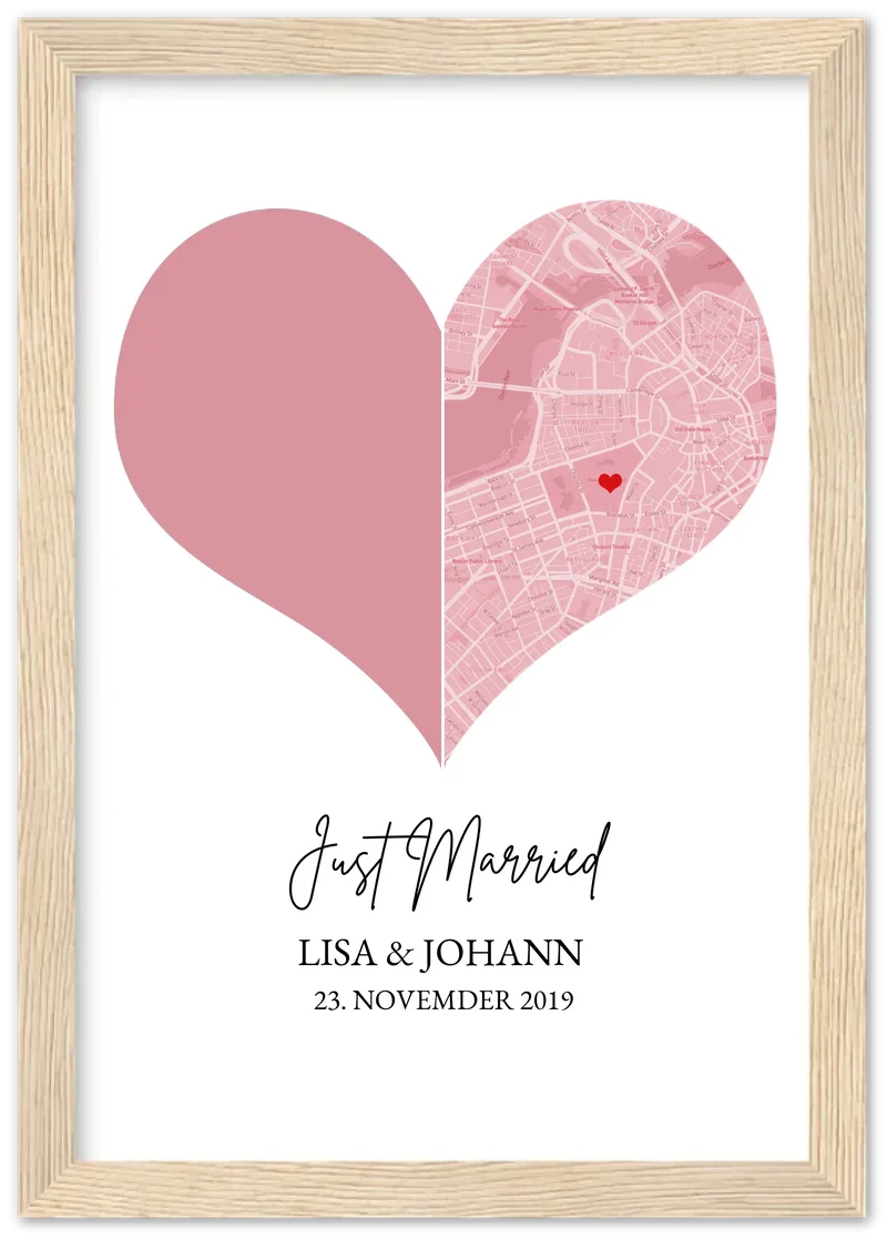 Just Married Hochzeitsposter Herz Geschenk personalisiert | Geschenk zur Hochzeit mit Foto | Fotoposer Stadtkarte Bild