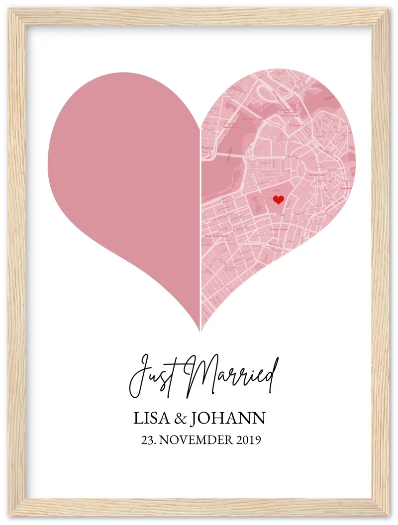 Just Married Hochzeitsposter Herz Geschenk personalisiert | Geschenk zur Hochzeit mit Foto | Fotoposer Stadtkarte Bild