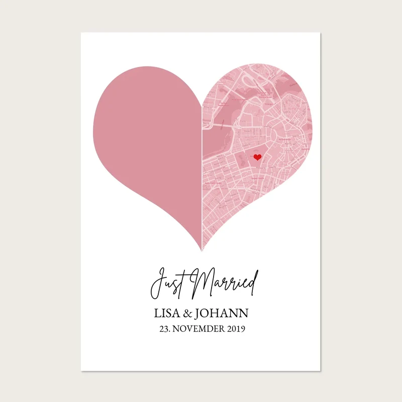 Just Married Hochzeitsposter Herz Geschenk personalisiert | Geschenk zur Hochzeit mit Foto | Fotoposer Stadtkarte Bild