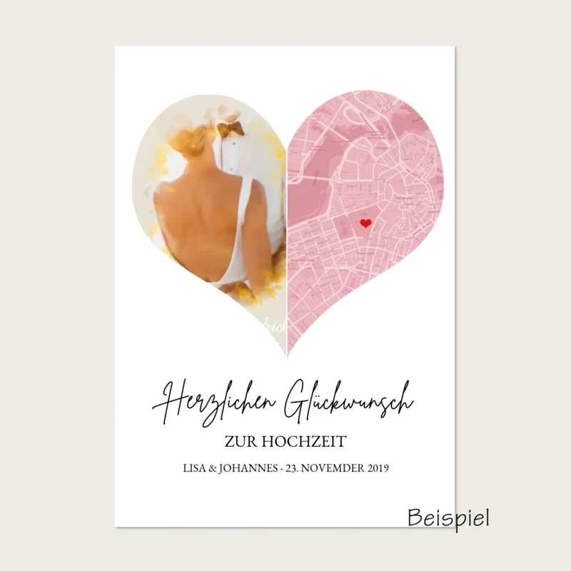 Just Married Hochzeitsposter Herz Geschenk personalisiert | Geschenk zur Hochzeit mit Foto | Fotoposer Stadtkarte Bild