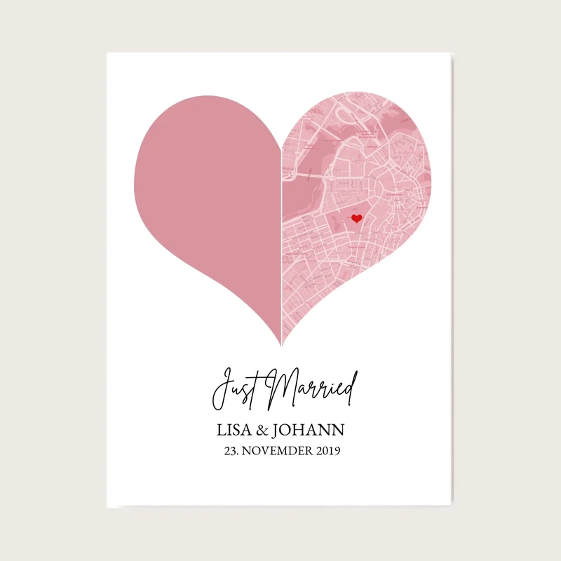 Just Married Hochzeitsposter Herz Geschenk personalisiert | Geschenk zur Hochzeit mit Foto | Fotoposer Stadtkarte Bild