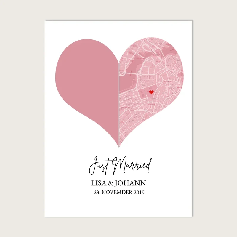 Just Married Hochzeitsposter Herz Geschenk personalisiert | Geschenk zur Hochzeit mit Foto | Fotoposer Stadtkarte Bild