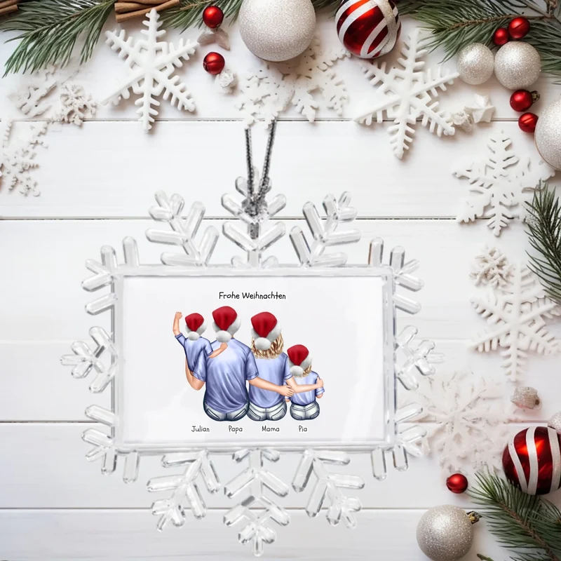 Weihnachtsbaum Schmuck Ornament Schneeflocke Eltern mit Baby + Kind personalisiert. Baumschmuck, Baumanhänger. Geschenkanhänger