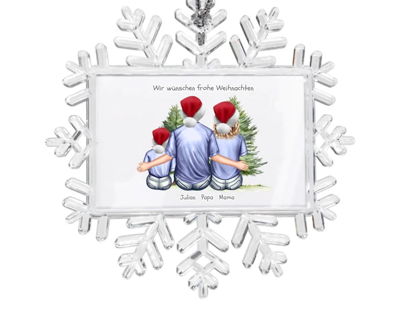 Weihnachtsbaum Ornament Schneeflocke Familie mit 1 Kind personalisiert. Baumschmuck, Baumanhänger. Geschenkanhänger