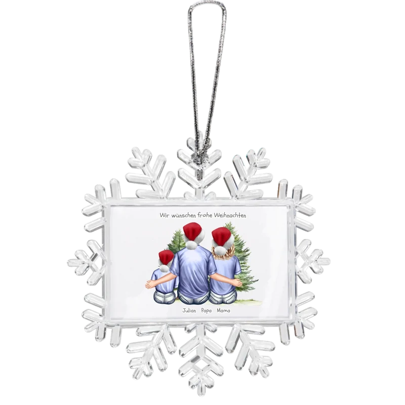 Weihnachtsbaum Ornament Schneeflocke Familie mit 1 Kind personalisiert. Baumschmuck, Baumanhänger. Geschenkanhänger