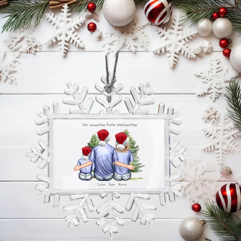 Weihnachtsbaum Ornament Schneeflocke Familie mit 1 Kind personalisiert. Baumschmuck, Baumanhänger. Geschenkanhänger