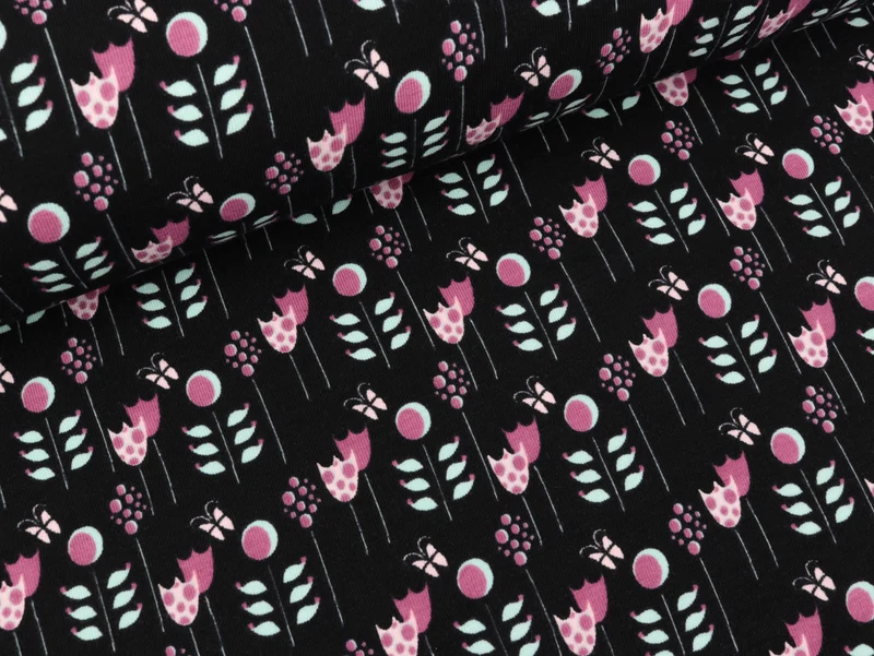 Reststück 10cm - Baumwolljersey Oh Deer! Blumen pink-rosemint auf Schwarz