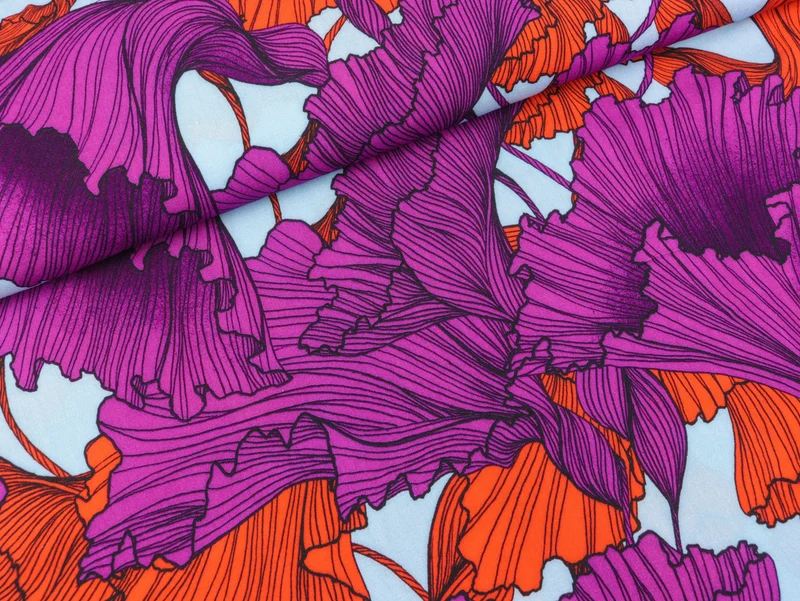 Reststück 29cm - Viskose Webware Seaweed lila-korallrot auf Wasserblau by Thorsten Berger