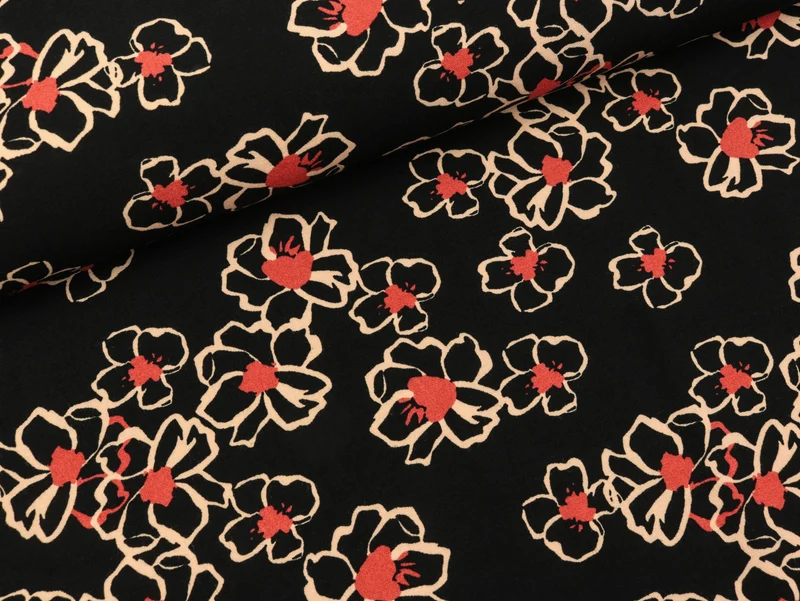 Reststück 16cm - Stretch Viskose Popelin Blumen bunt auf Schwarz