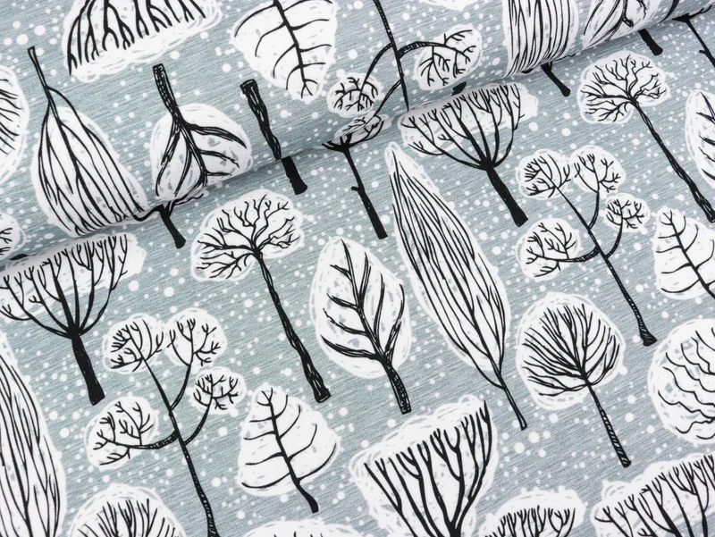 Reststück 10cm - French Terry Patty Winterlandschaft mit Bäumen nebelgrau