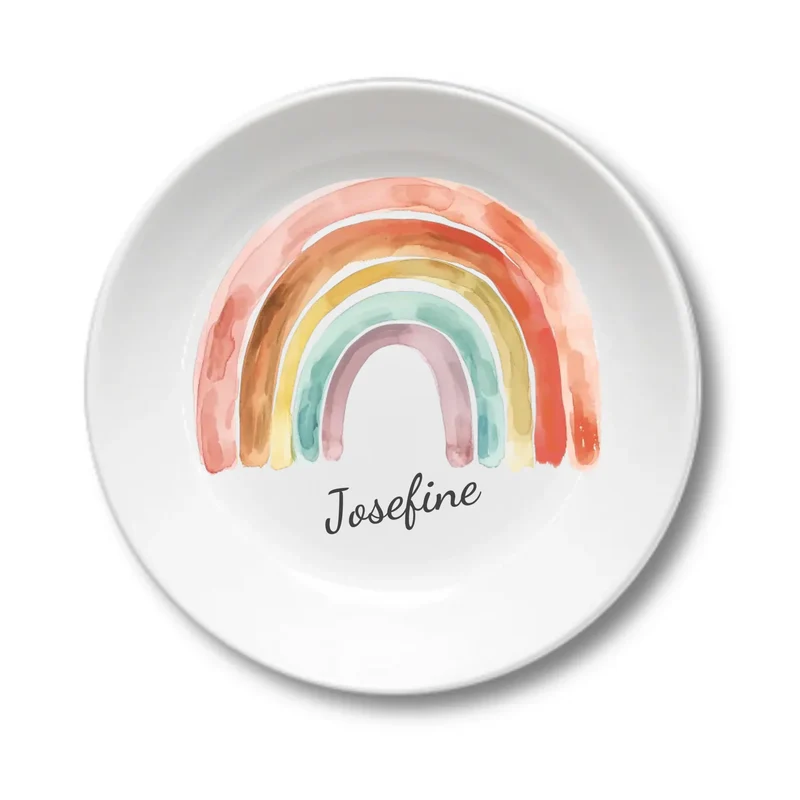 Kinderteller mit Regenbogen & Namen personalisiert, Kindergeschirr Geschenk zur Taufe, Geburt, Geburtstag und Weihnachten