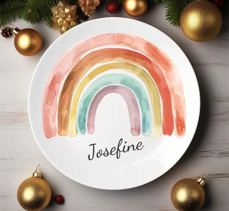 Kinderteller mit Regenbogen & Namen personalisiert, Kindergeschirr Geschenk zur Taufe, Geburt, Geburtstag und Weihnachten