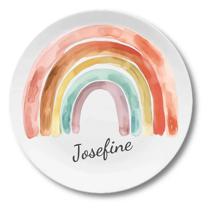 Kinderteller mit Regenbogen & Namen personalisiert, Kindergeschirr Geschenk zur Taufe, Geburt, Geburtstag und Weihnachten