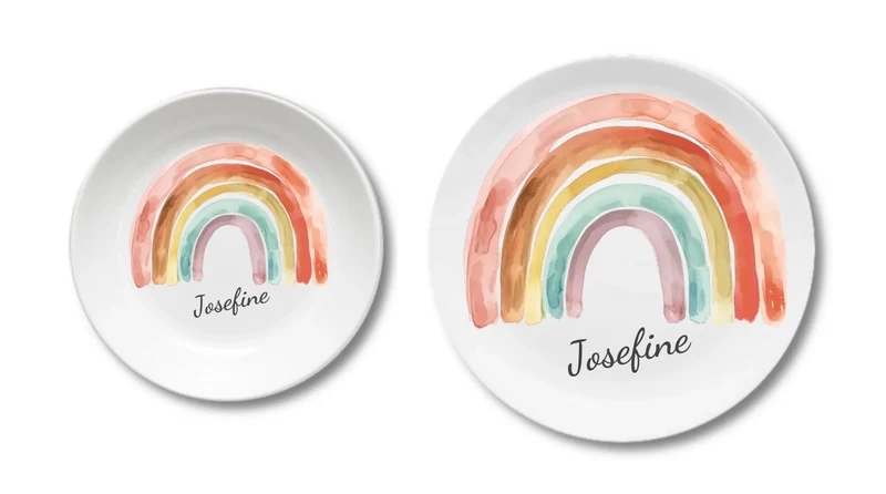 Kinderteller mit Regenbogen & Namen personalisiert, Kindergeschirr Geschenk zur Taufe, Geburt, Geburtstag und Weihnachten